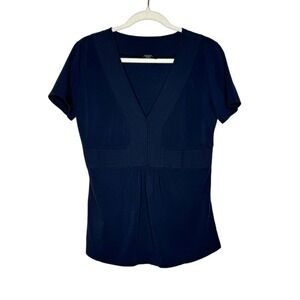 Max Mara Weekend Casual Cotton Top Navy Blue V-Neck Textured Snap Front Sz Large